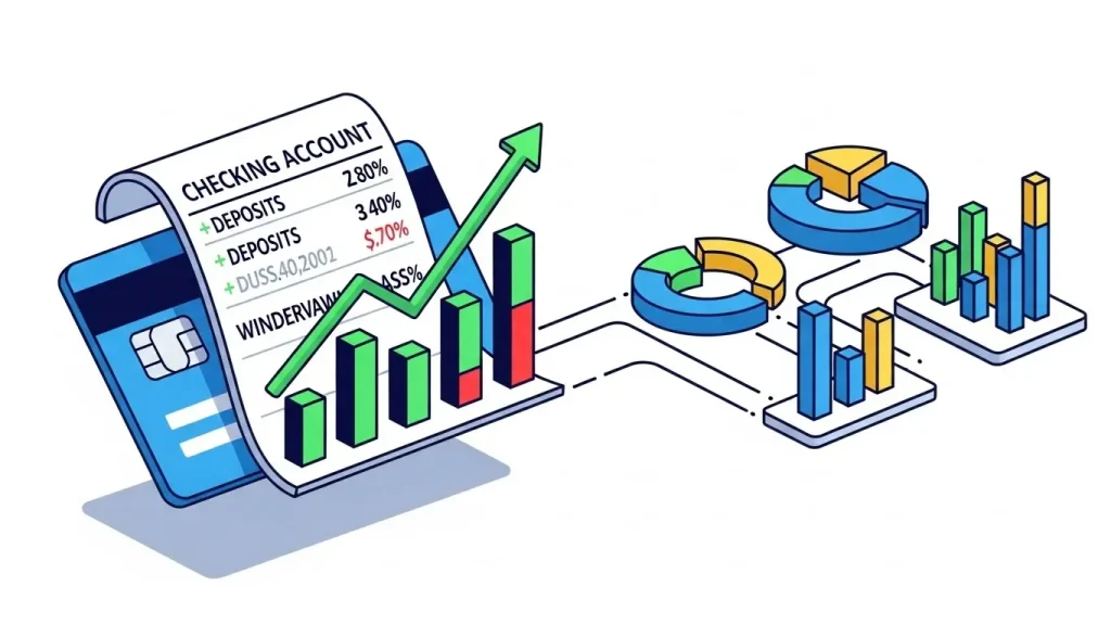 체크카드와 계좌 그래프가 조합된 2D 금융 유동성 일러스트