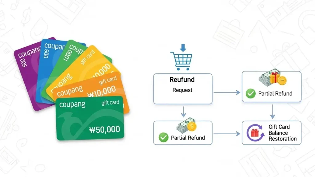 쿠팡 기프트 카드와 환불 구조를 표현한 2D 금융 일러스트