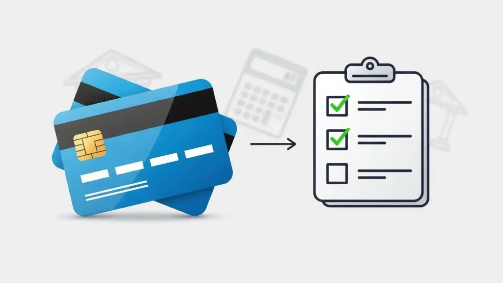 신용카드 현금화 업체 선택 기준을 상징하는 체크리스트·카드 아이콘 조합의 심플한 대표 이미지